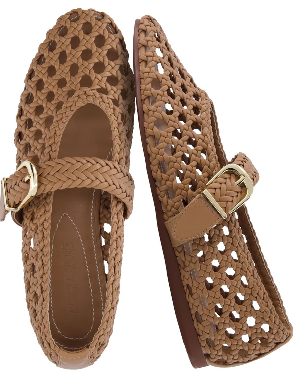 Braided Tan Mary Jane Flats with Gold Buckle